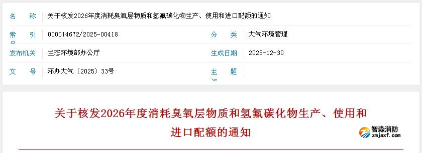 關(guān)于核發(fā)2026年度消耗臭氧層物質(zhì)和氫氟碳化物生產(chǎn)、使用和進(jìn)口配額的通知